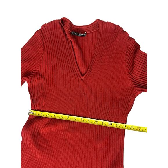 Peruvian Connection Pima Cotton Red Ribbed Long SLV Knit Fit Flare Midi Dress Lg - Picture 7 of 10